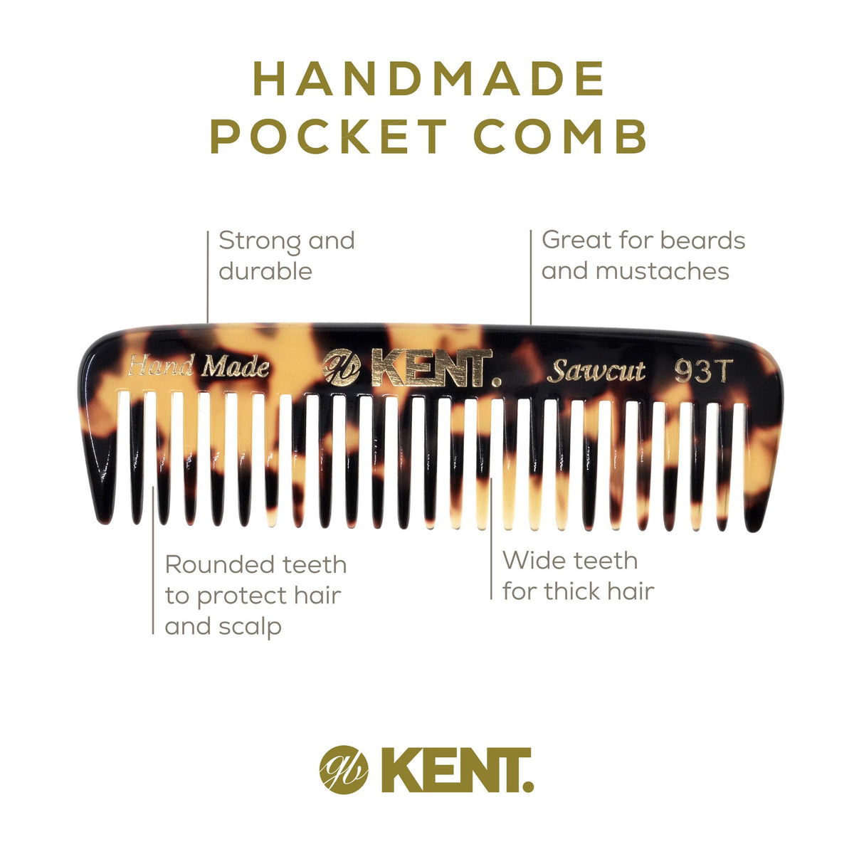 Kent 93T Tokyo Yellow Wide Tooth Small Comb for Men's Mustache and Beard Grooming, Pocket Sized Detangler Travel Comb, Saw-Cut and Polished, Handmade