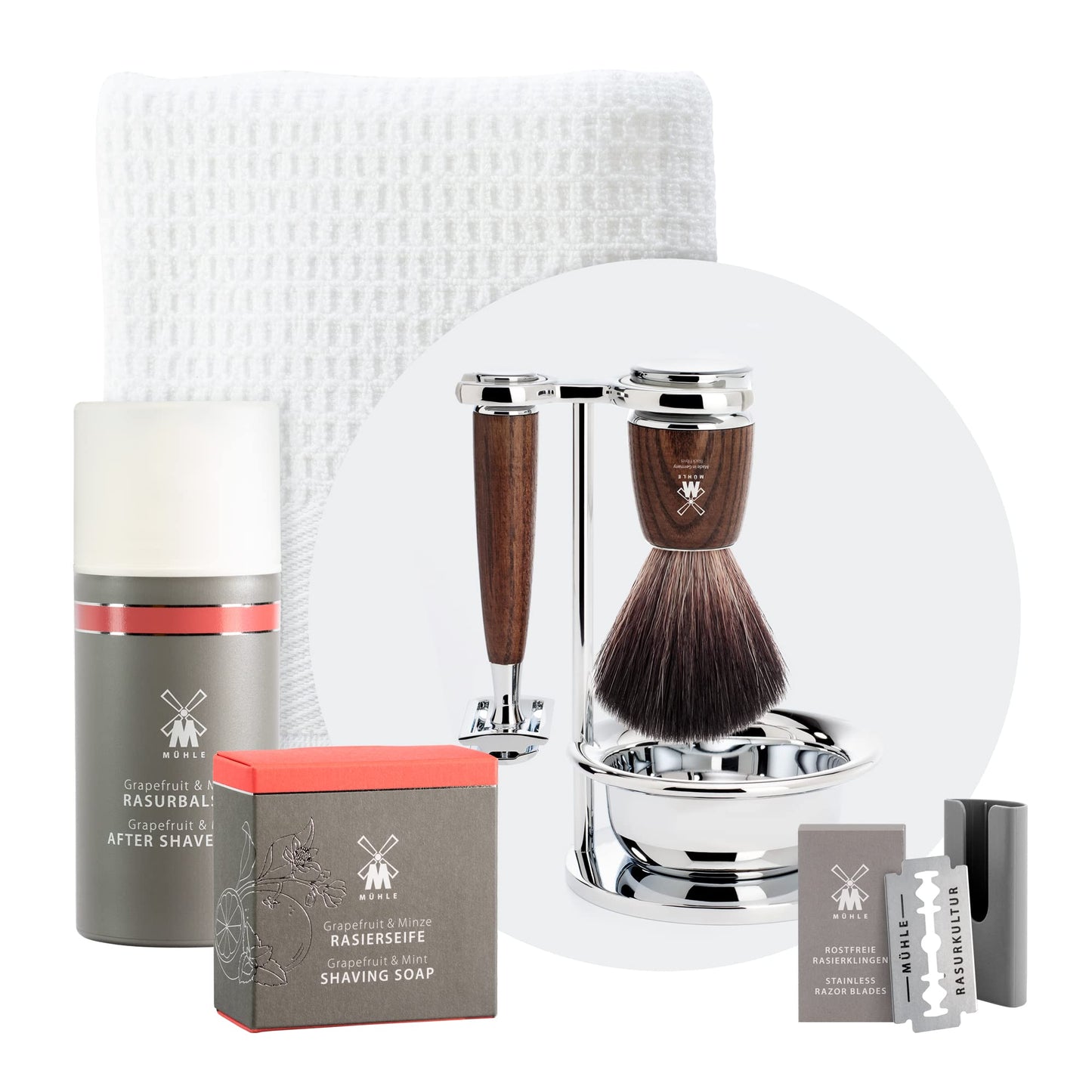 MÜHLE Rytmo Shaving Set 8 Pieces - Brush, Slicer and Stand Chrome-Plated Base, Blade, Soap, Cloth, After Shave - Elegant Ash Beauty and Personal Care MÜHLE