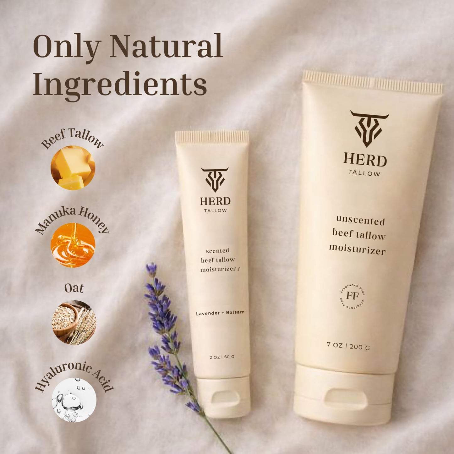 Beef Tallow Moisturizer 2oz Lavender + Balsam - Grass-Fed Tallow Face & Body Cream with Manuka Honey, Colloidal Oatmeal & Hyaluronic Acid for Dry Beauty & Personal Care Herd Tallow