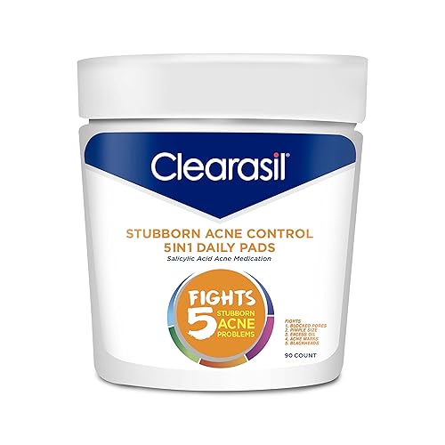 Clearasil Stubborn Acne Control 5in1 Daily Facial Cleansing Pads, with Salicylic Acid Acne Treatment Medicine, 90 Count Beauty & Personal Care Clearasil