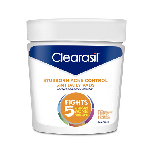 Clearasil Stubborn Acne Control 5in1 Daily Facial Cleansing Pads, with Salicylic Acid Acne Treatment Medicine, 90 Count Beauty & Personal Care Clearasil