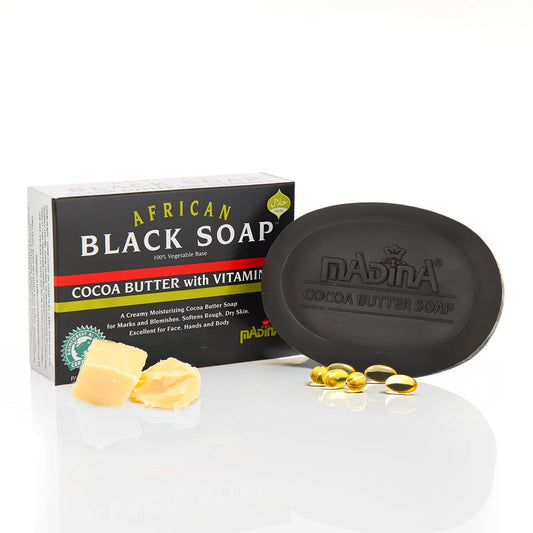 Madina African Black Soap Bar - Cocoa Butter, Vitamin E, Moisturizing, Skin-Restoring, Marks & Blemishes, Face & Body Cleanser, 100% Vegetable-Based Beauty & Personal Care Madina