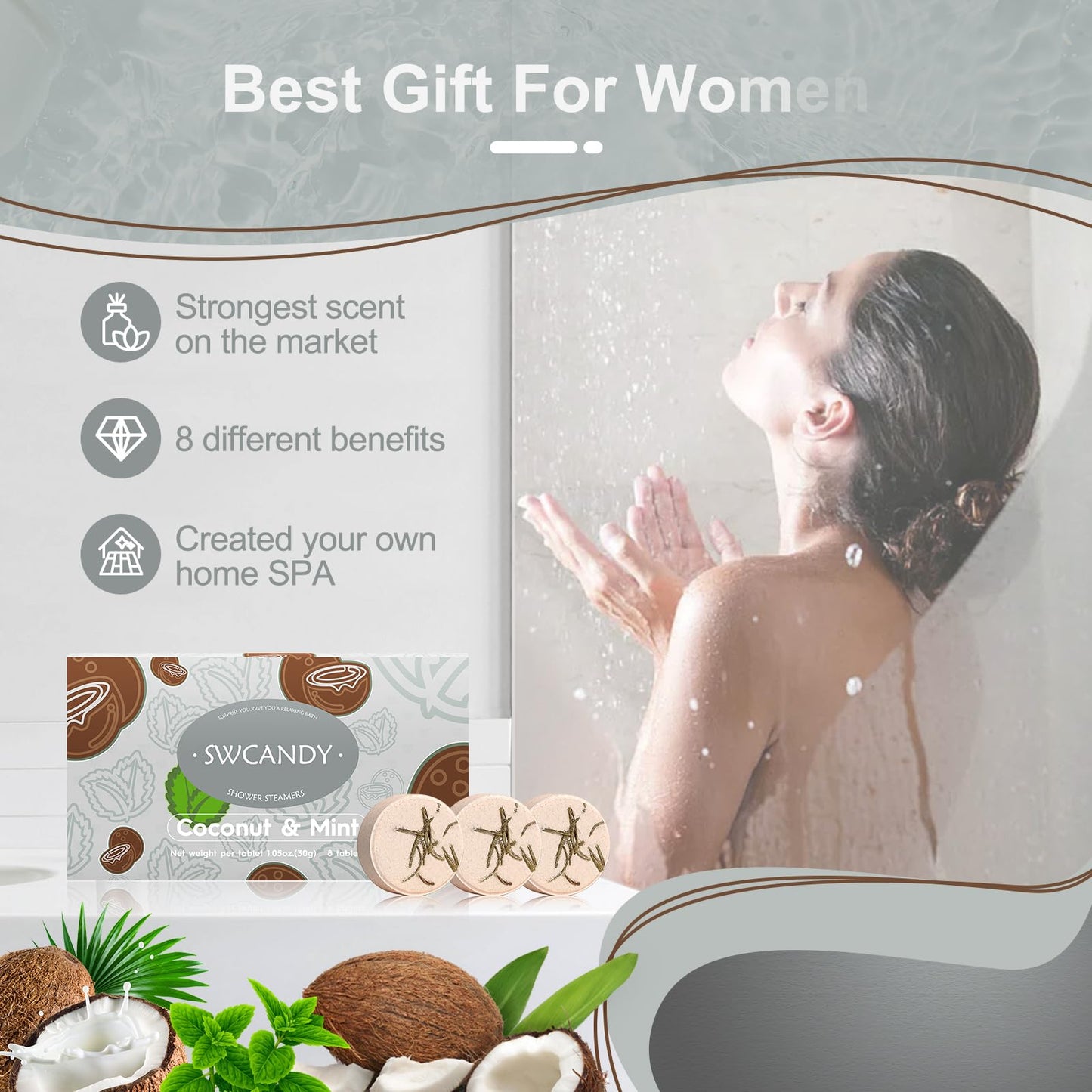 SWCANDY Shower Steamers Aromatherapy Birthday Gifts for Women Travel Essentials, 8 Pcs Coconut Mint, Bath Bombs Shower Bombs with Natural Essential Beauty and Personal Care SWCANDY