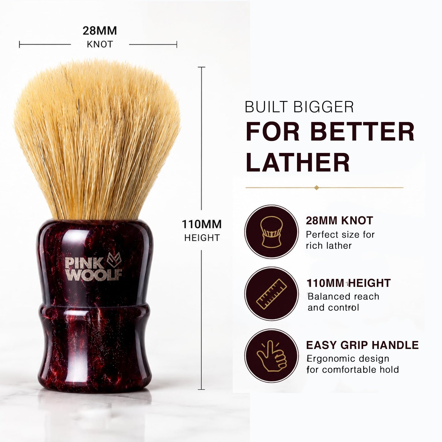 Pink Woolf Boar Shaving Brush for Men - 28mm Natural Boar Bristles, Dense Wet Shave Brush for Rich Lather, Premium Maroon Handle, Soft Face Feel Beauty and Personal Care Pink Woolf
