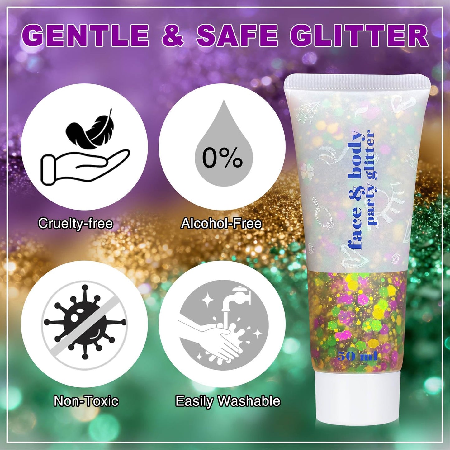 Mardi Gras Face Glitter,Festival Rave St Patricks Day Accessories Body Glitter for Face Body Hair,Gold Green Purple Mixed Chunky Glitter Beauty & Personal Care faglowmify