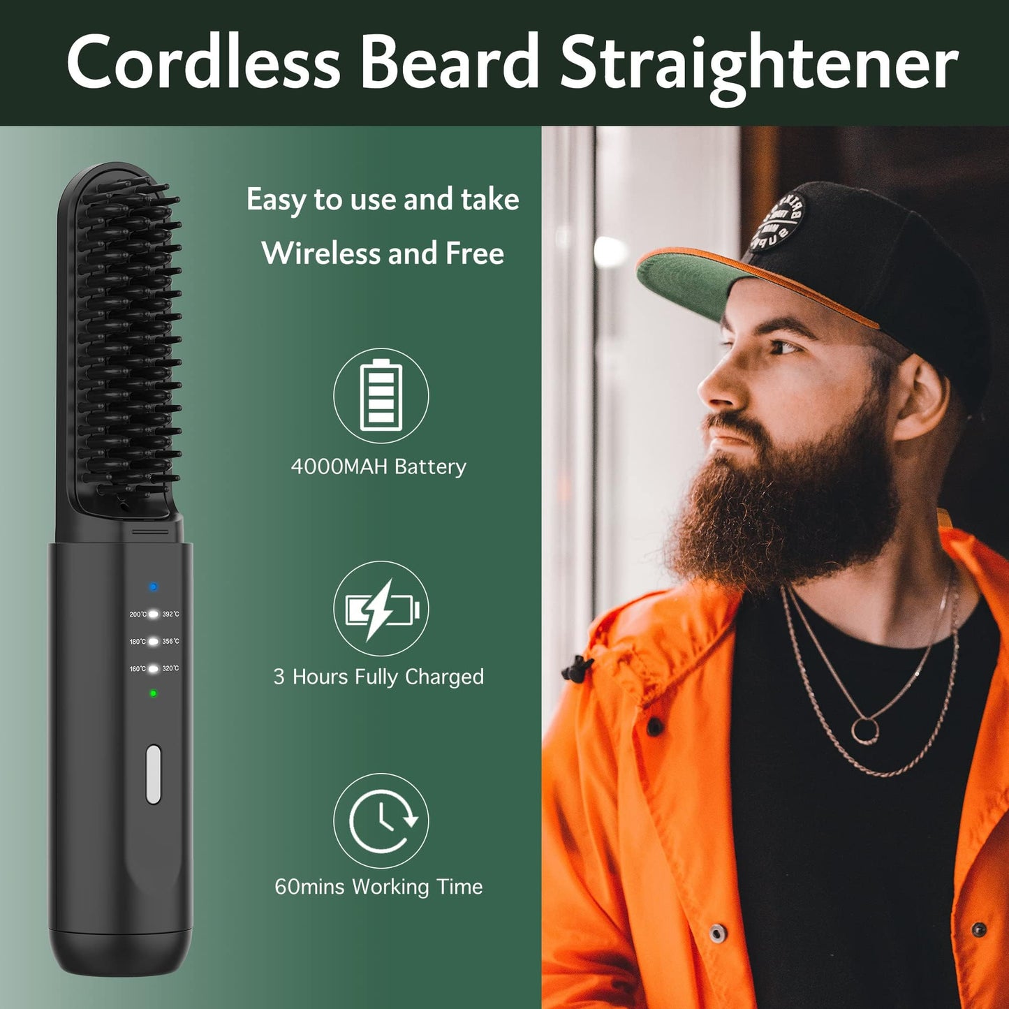 Beard Straightener for Men, Portable Cordless Heated Hair & Beard Straightening Brush with Anti-Scald & Ionic Technology, 3 Temperature Setting Comb Beauty & Personal Care REHOYO