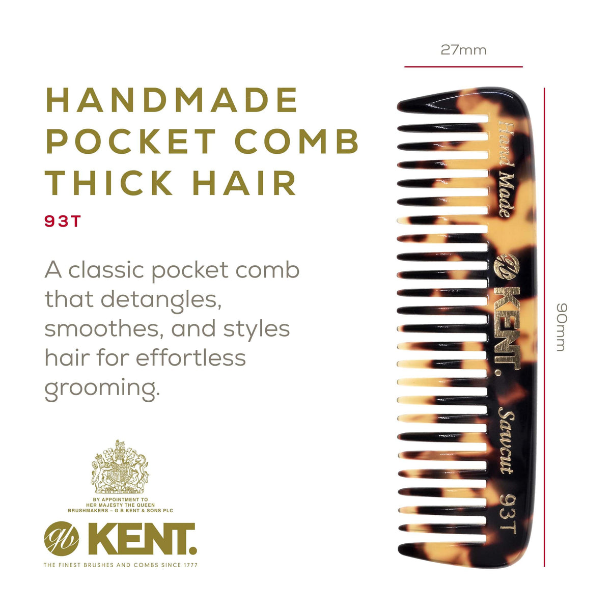 Kent 93T Tokyo Yellow Wide Tooth Small Comb for Men's Mustache and Beard Grooming, Pocket Sized Detangler Travel Comb, Saw-Cut and Polished, Handmade