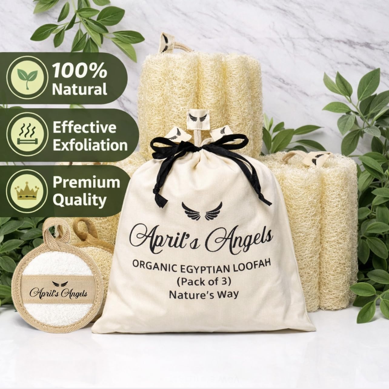 100% Natural Egyptian Loofah Set - 3 Large Exfoliating Loofah Sponges + Free Egyptian Face Scrubber + Cotton Storage Bag - Eco-Friendly Body Scrubber Beauty and Personal Care April's Angels