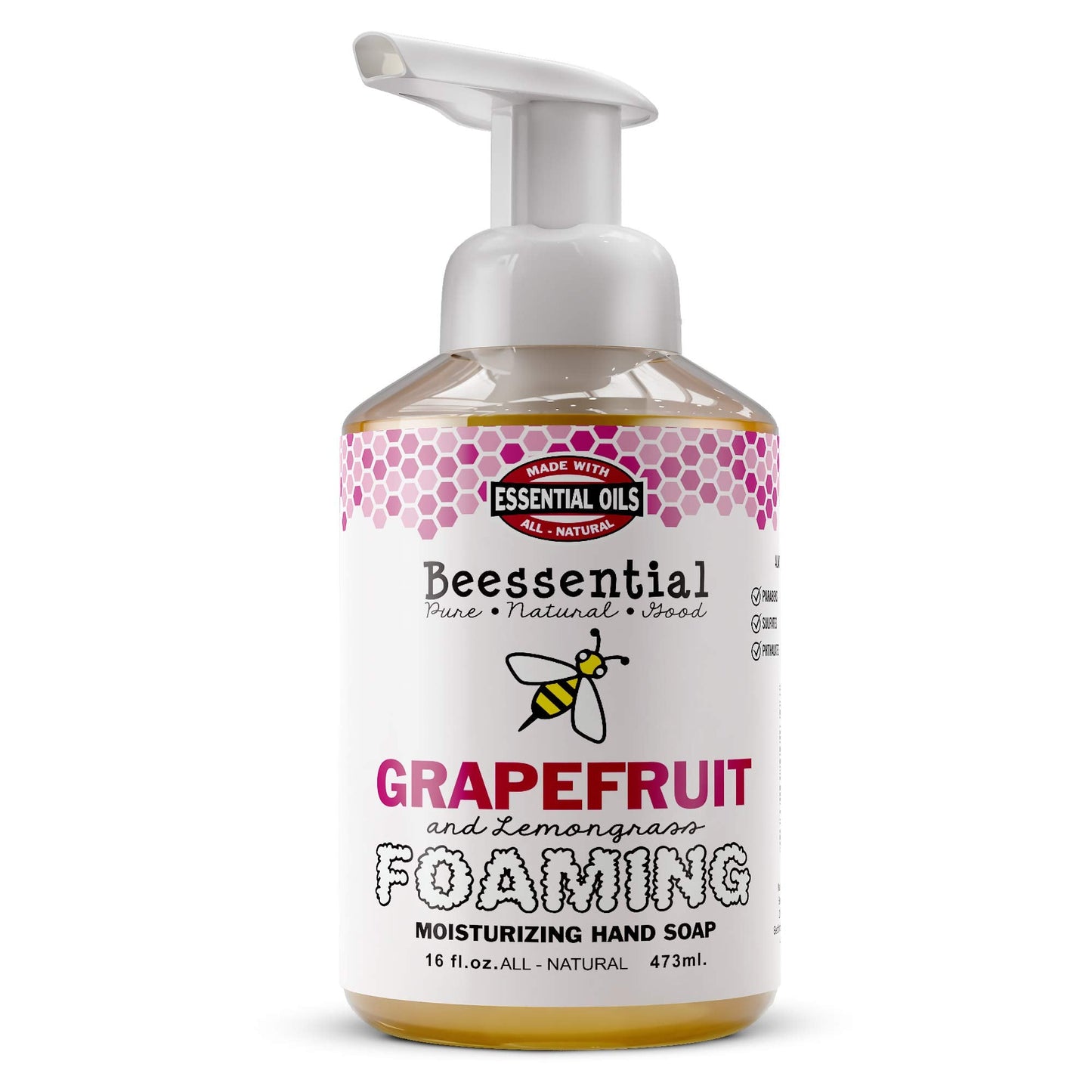 Beessential All Natural Foaming Hand Soap, Grapefruit And Lemongrass Essential Oils, Made with Moisturizing Aloe & Honey - Made in the USA, 16 oz Beauty & Personal Care Beessential