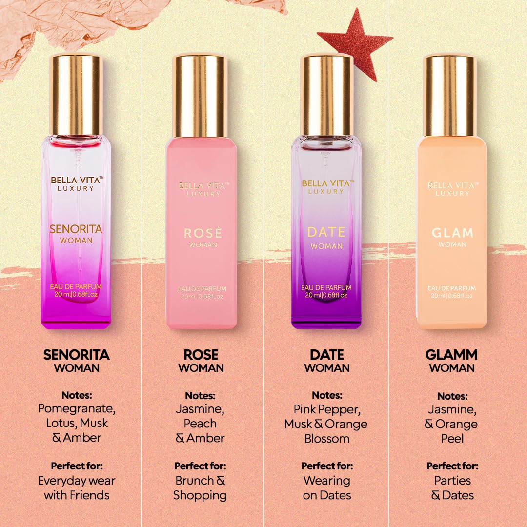 BellaVita Luxury Women's Perfume Gift Set | 4x20ml | Notes of Floral, Sweet, Spicey Red Fruit, Vanilla & Musk | DATE, SENORITA, GLAM & ROSE | French Beauty & Personal Care Bella Vita Luxury
