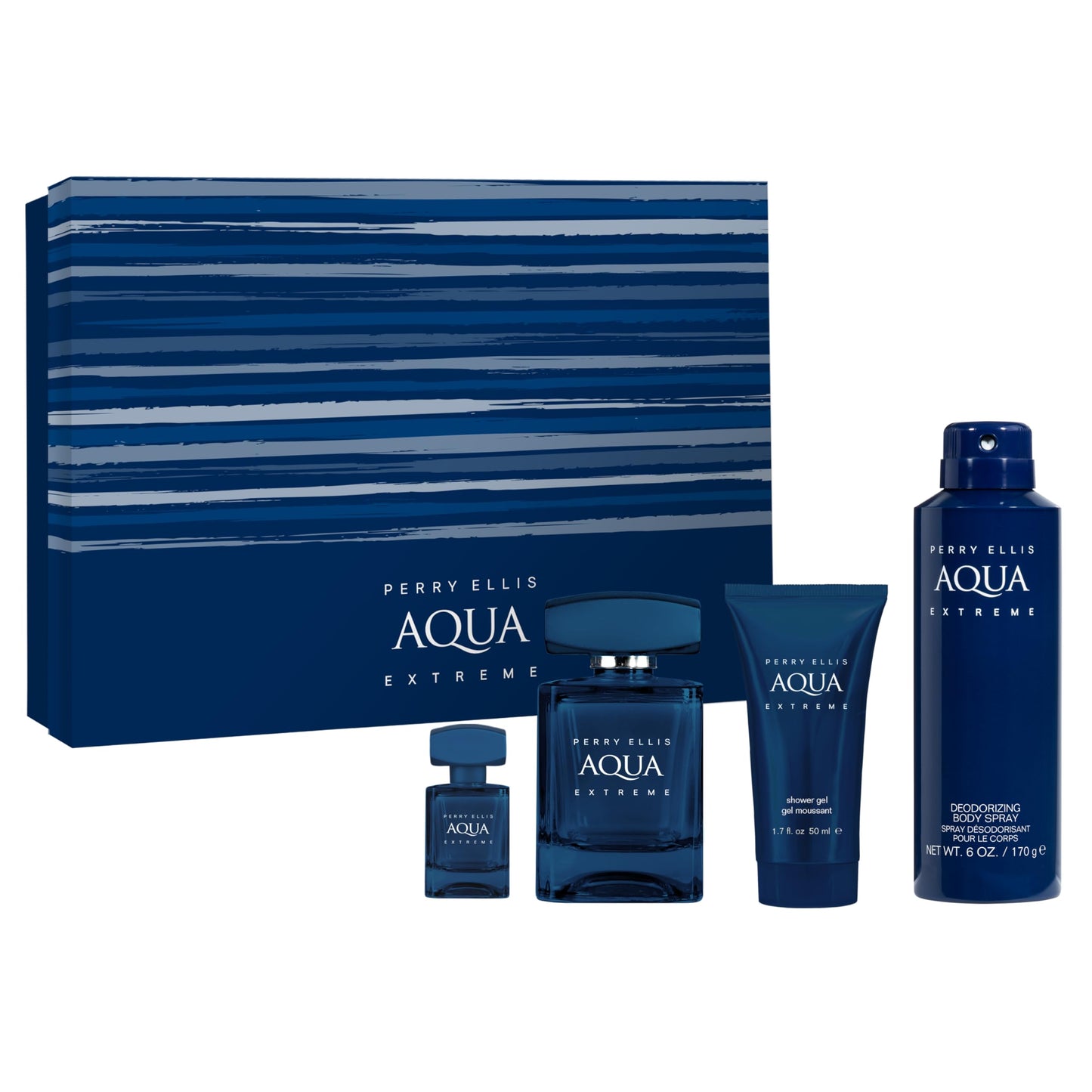 Perry Ellis Aqua Extreme Gift Set - 3.4 fl oz eau de toilette, 1.7 oz shower gel, 6 oz body spray, .25 fl oz EDT travel mini Beauty & Personal Care Perry Ellis