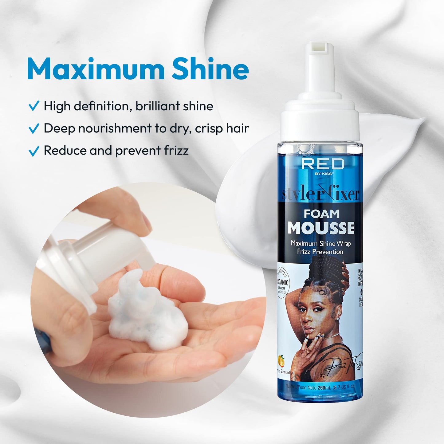 Red by Kiss Foaming Mousse, Maximum Shine Wrap Mousse, Reduce & Prevent Frizz, Define Curls, Hold Styles, Nourishes Dry and Crips Hair, Enriched Beauty & Personal Care Red by Kiss