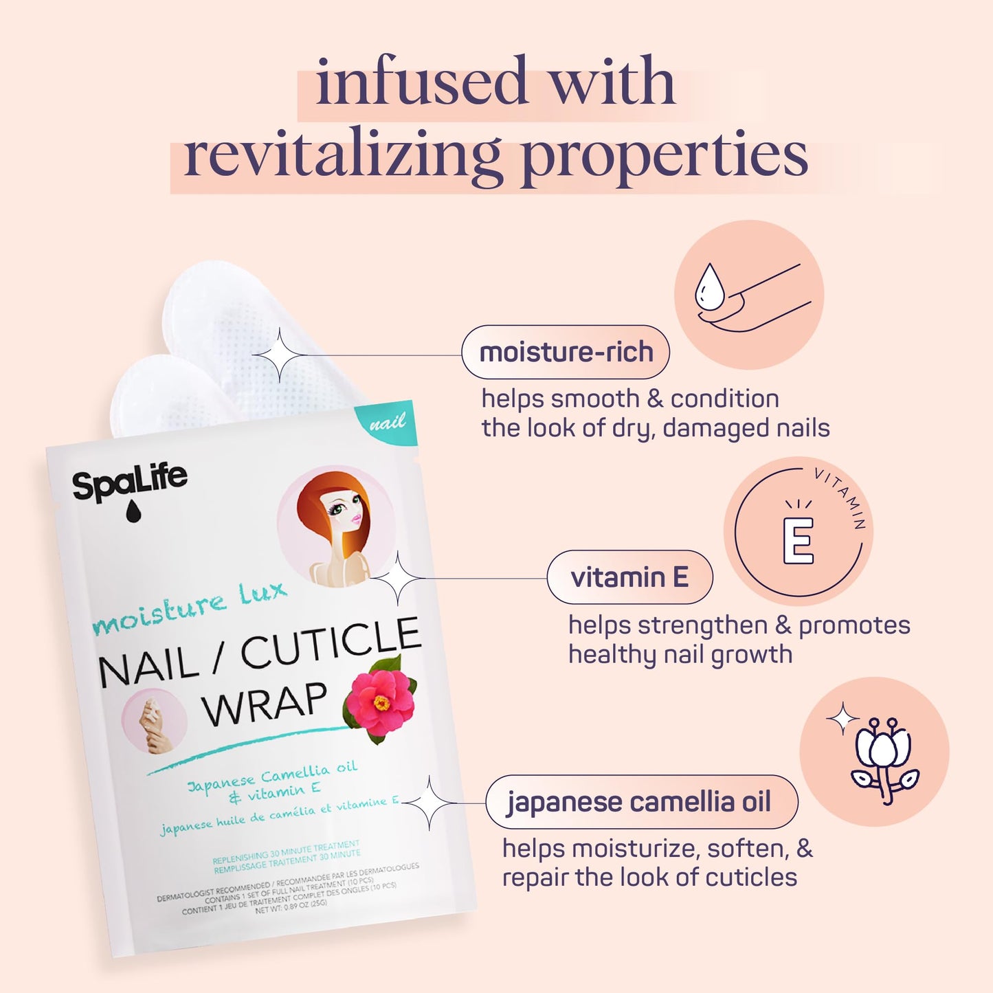 SpaLife Japanese Camellia Oil & Vitamin E Nail Cuticle Wrap 6-Pack (60 Count) - Moisturizing Nail Masks, Dermatologist Recommended, Hydrating Cuticle Beauty & Personal Care SpaLife