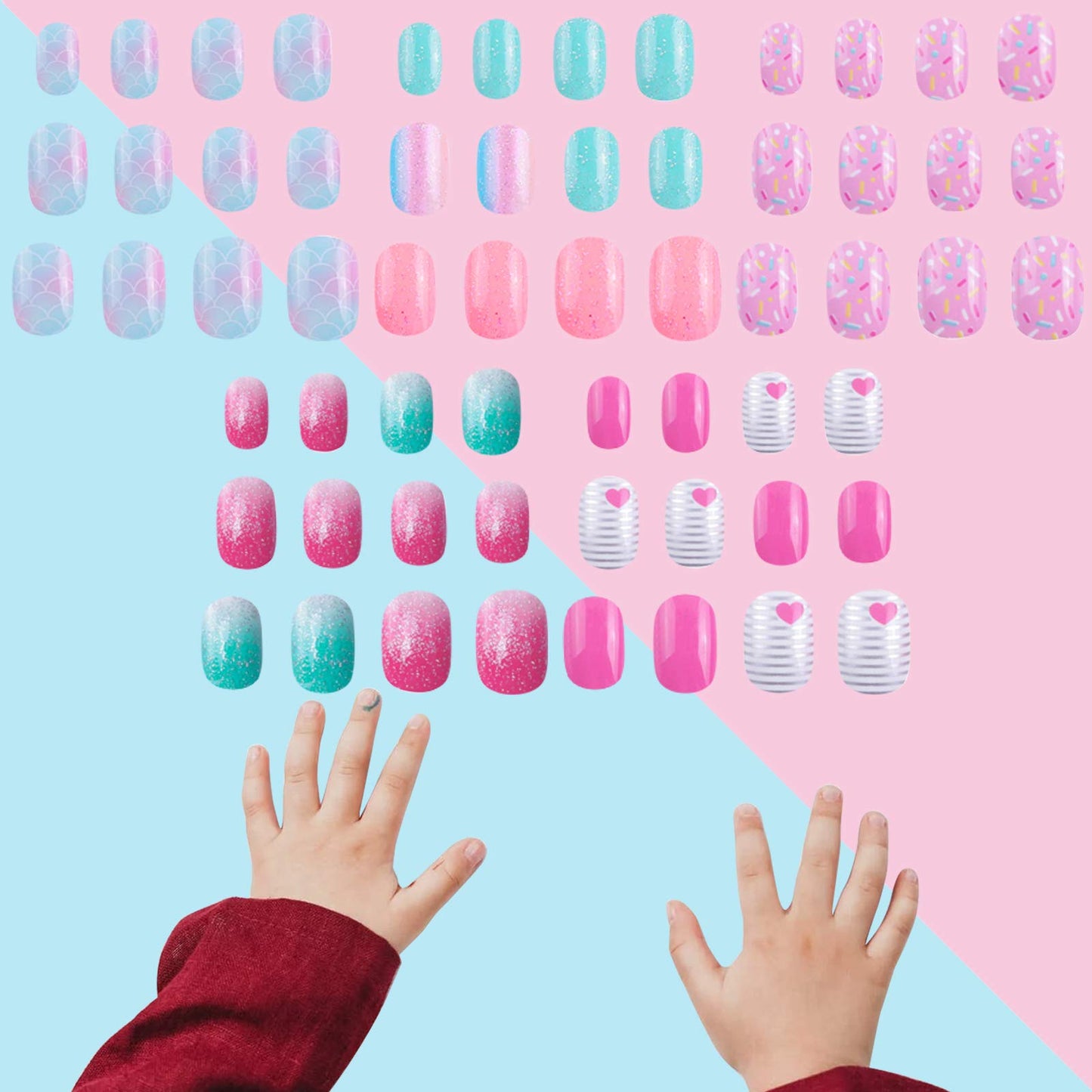 SIUSIO 120 Pcs 5 Pack Children Acrylic Fake Nails Press on Pre-glue Full Cover Glitter Gradient Color Rainbow Short False Nail Art Kits Set for Kids Beauty & Personal Care SIUSIO