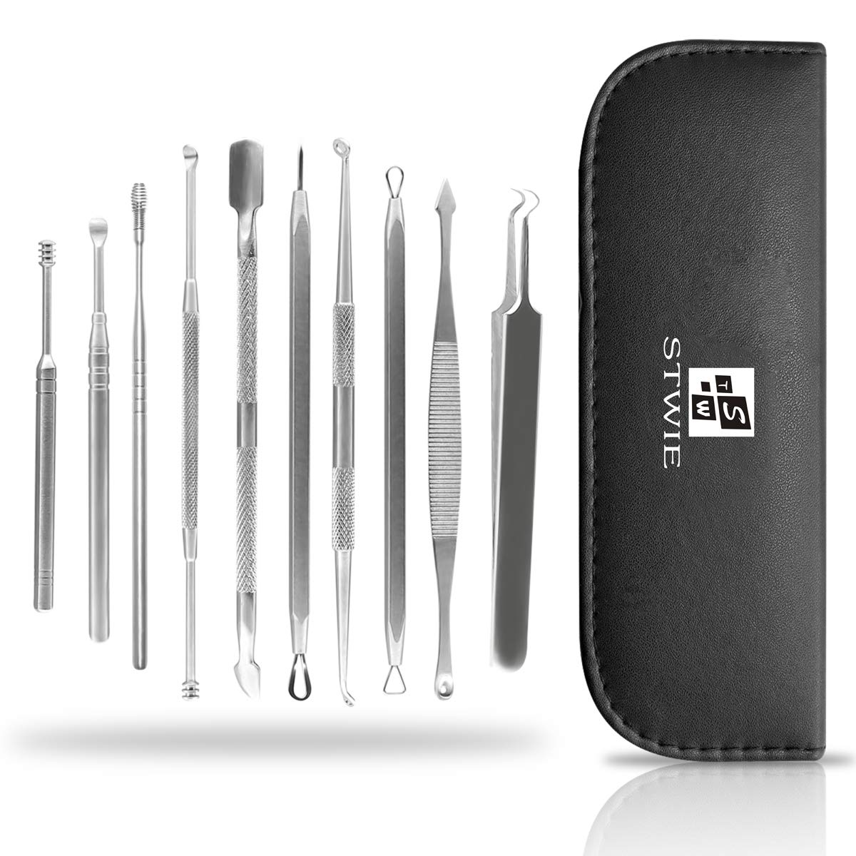 10pcs Pimple Popper Blackhead Remover Tool +Ear Wax Removal +Cuticle Pusher Stainless Steel Comedone Zit Blemish Acne Kit with Brush & Leather Bag Beauty & Personal Care STWIE
