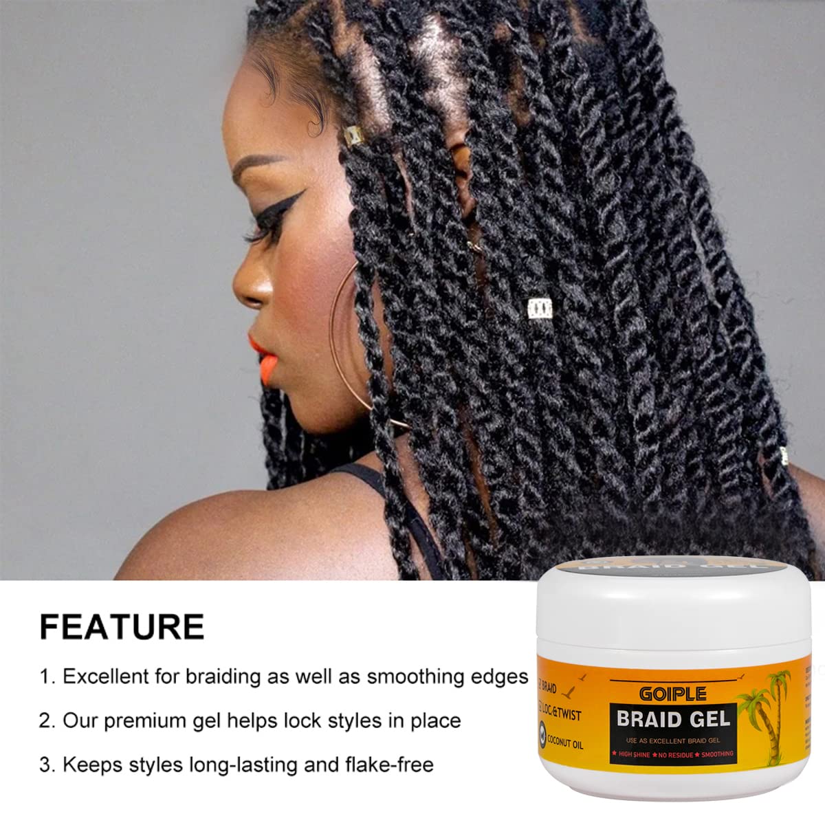 Goiple Strong Hold Braid Gel Good for Twist, Locs, Braids, Edge No Flake Extra Hold High Shine Braiding Gel & Edge Control 8.8oz with Hair Combs Beauty & Personal Care Goiple