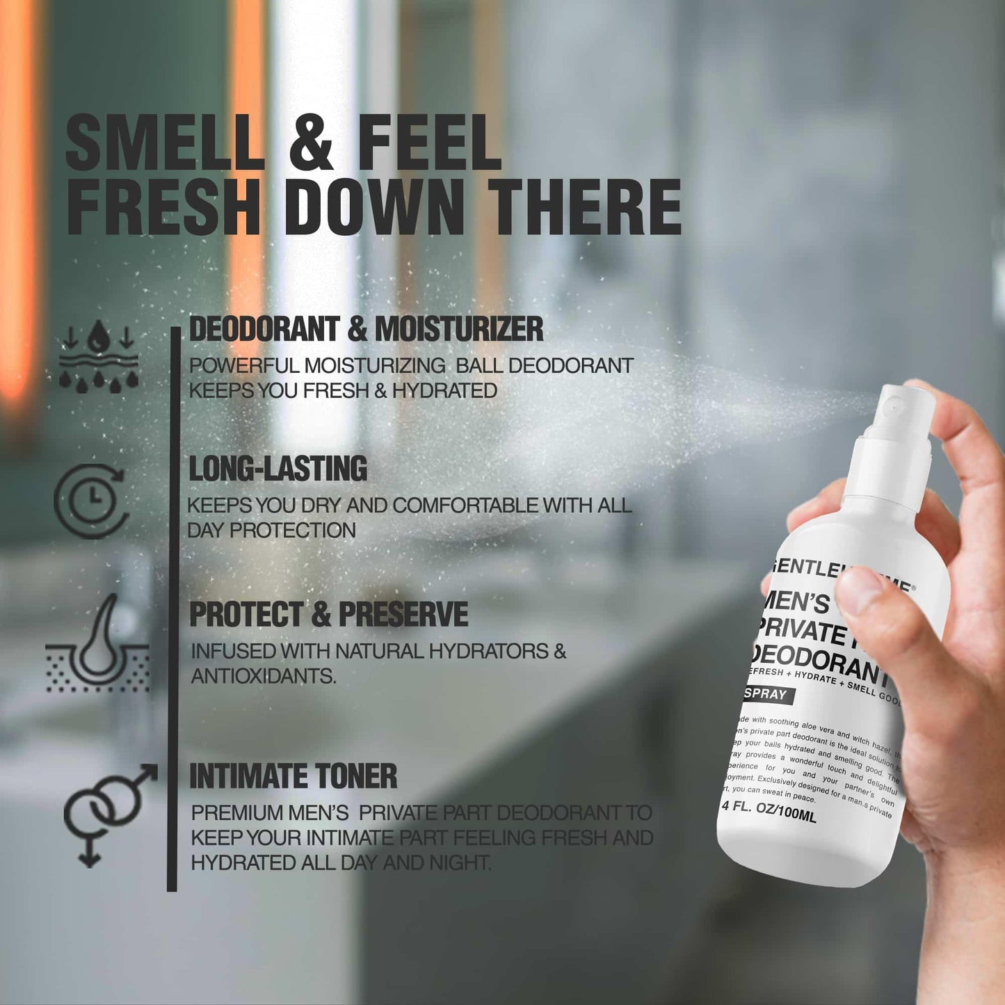 Men's Deodorant Spray for Intimate Areas - Anti-Chafing, Hydrating & Refreshing - with Aloe Vera & Witch Hazel - All Skin Types - Vegan - Amber Scent Beauty and Personal Care Gentlehomme