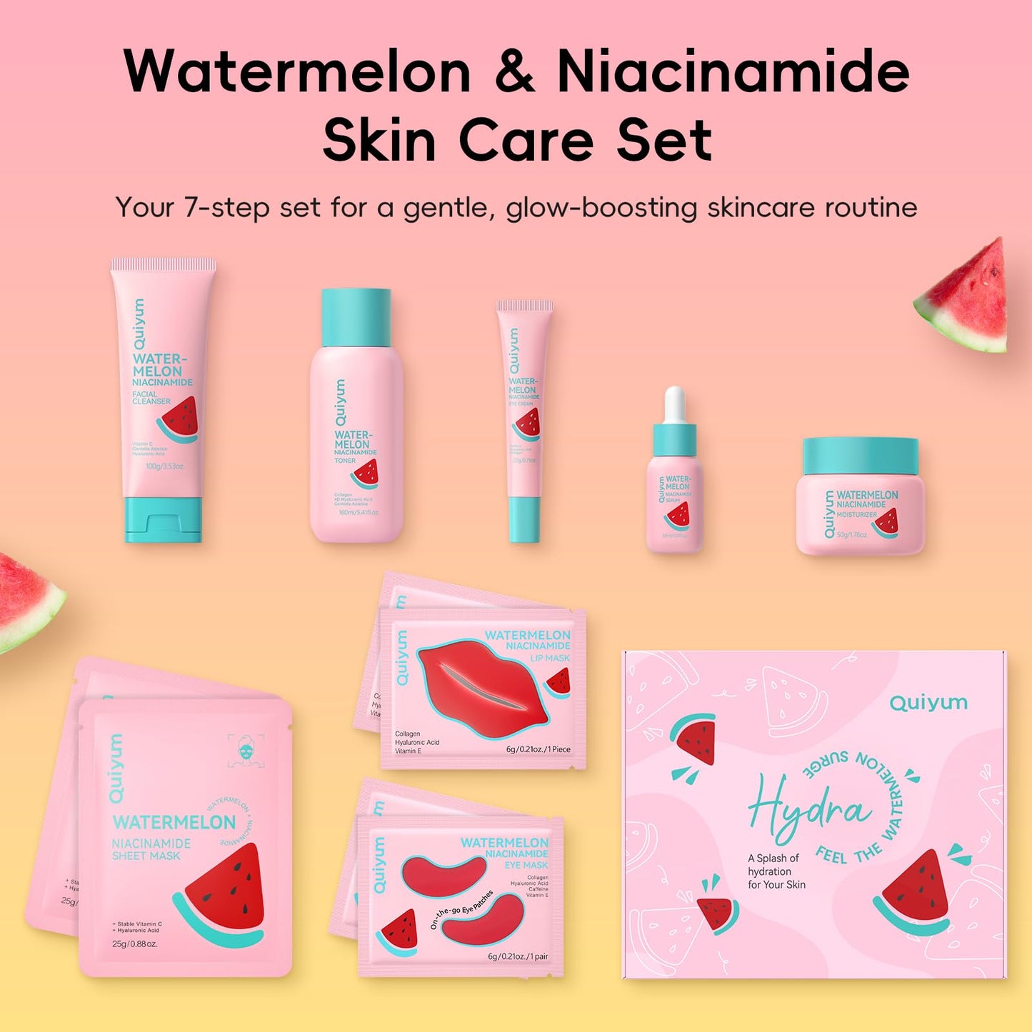 QUIYUM Watermelon Niacinamide Skin Care Set, Daily Routine Facial Skincare Beauty and Personal Care QUIYUM