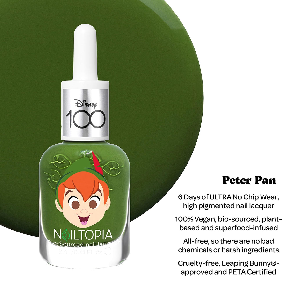 Nailtopia Bio-Sourced Chip Free Nail Lacquer Disney Collection Peter Pan - Superfood-Infused Polish - Chip Resistant Formula - Quick-Dry, Long Lasting