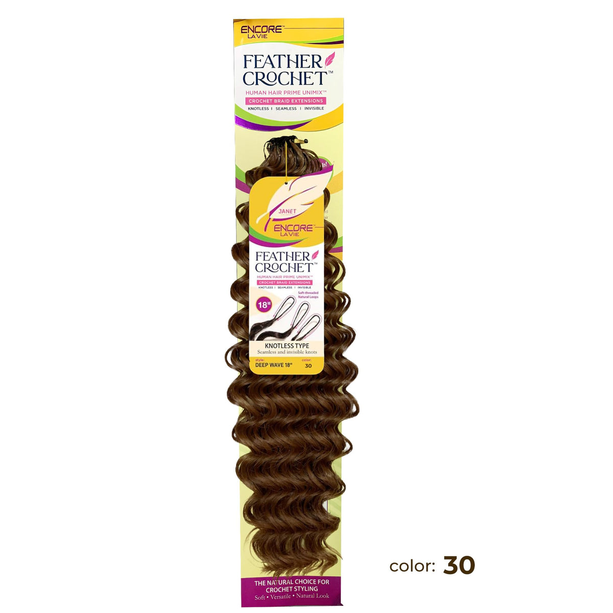 Janet Collection Encore Lavie Pre-Separated Feather Crochet Deep Wave 18" - Knotless Crochet Braid Extensions (color #30)
