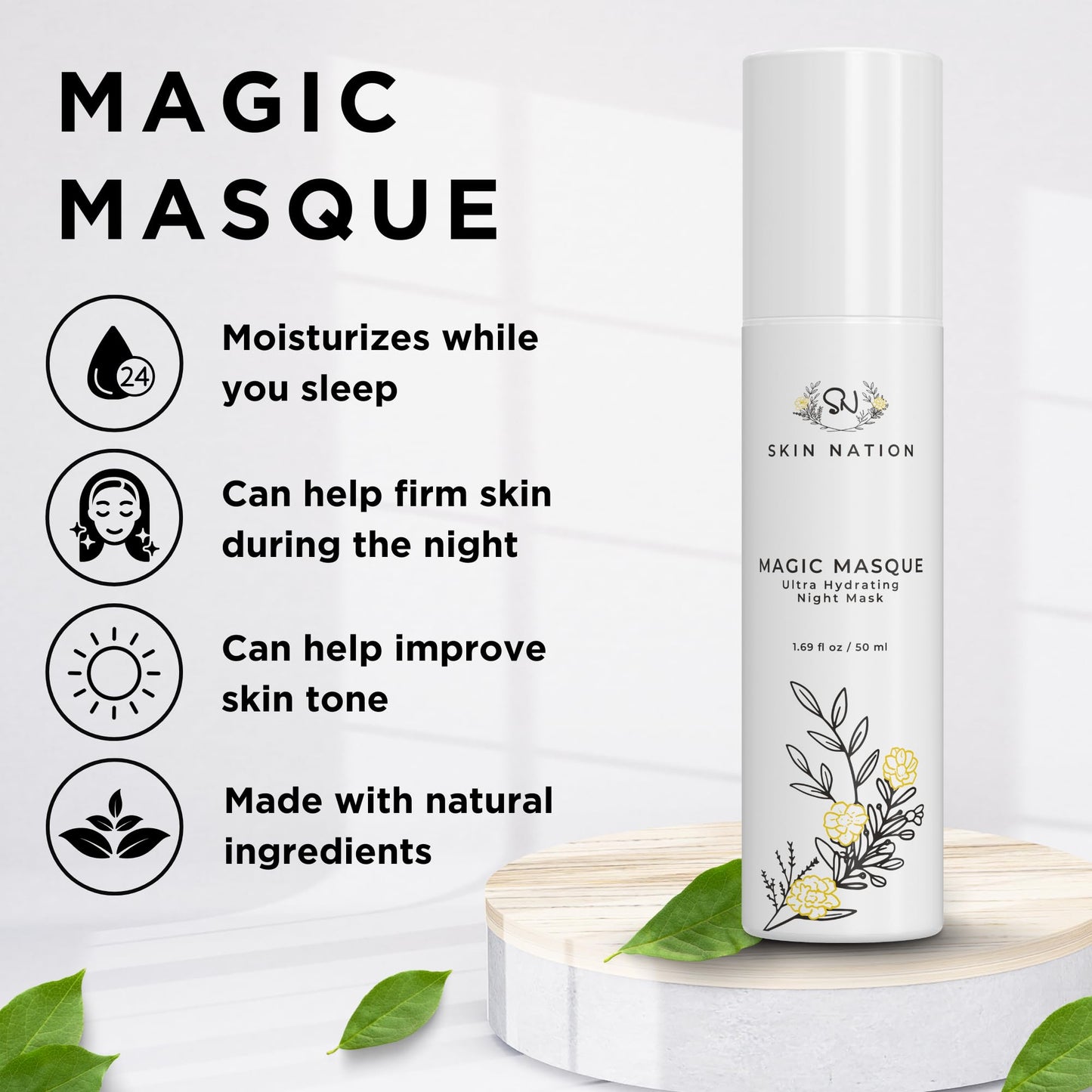 Skin Nation Magic Masque, Hydrating Night Mask with Hyaluronic Acid & Botanicals, Plant-Based Overnight Mask for Dry Skin, Smooth Texture & Radiant Beauty & Personal Care Skin Nation