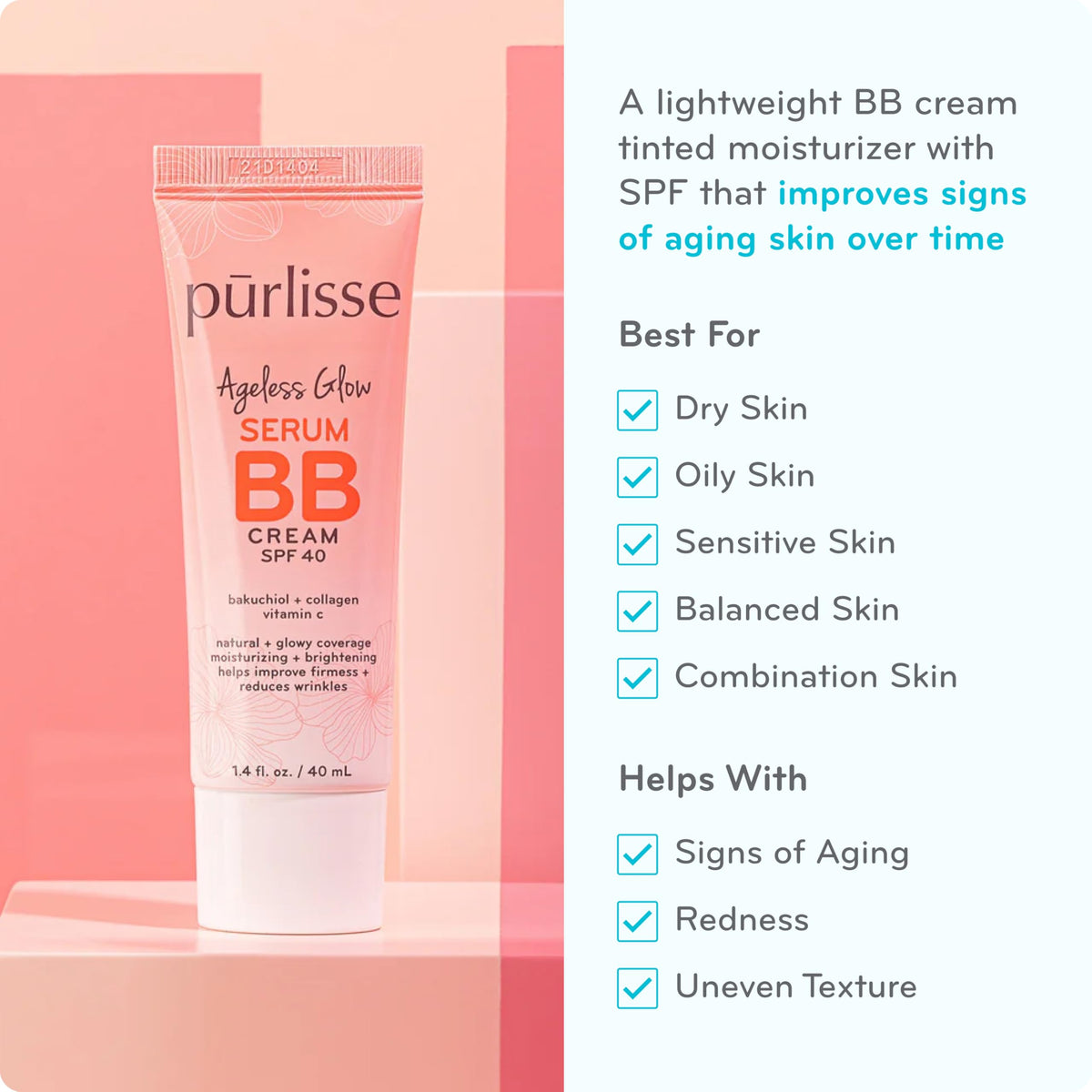 p?rlisse Ageless Glow Serum BB Cream SPF 40 - Glowy Tinted Moisturizer with SPF - Korean Skin Care Formula with Vitamin C & Bakuchiol to Firm,
