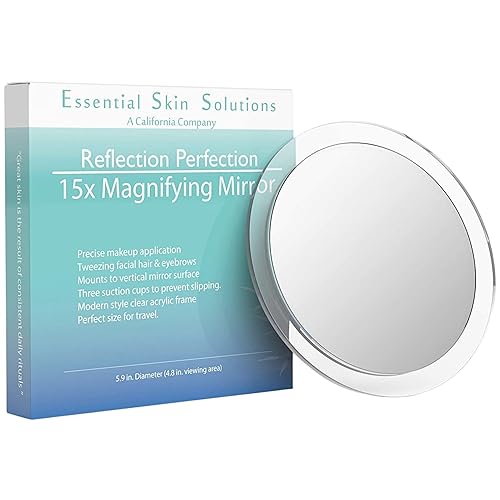 15X Magnifying Mirror - Use for Makeup Application - Tweezing - and Blackhead/Blemish Removal - 6 Inch Round Mirror with Three Suction Cups for Easy Beauty & Personal Care Essential Skin Solutions