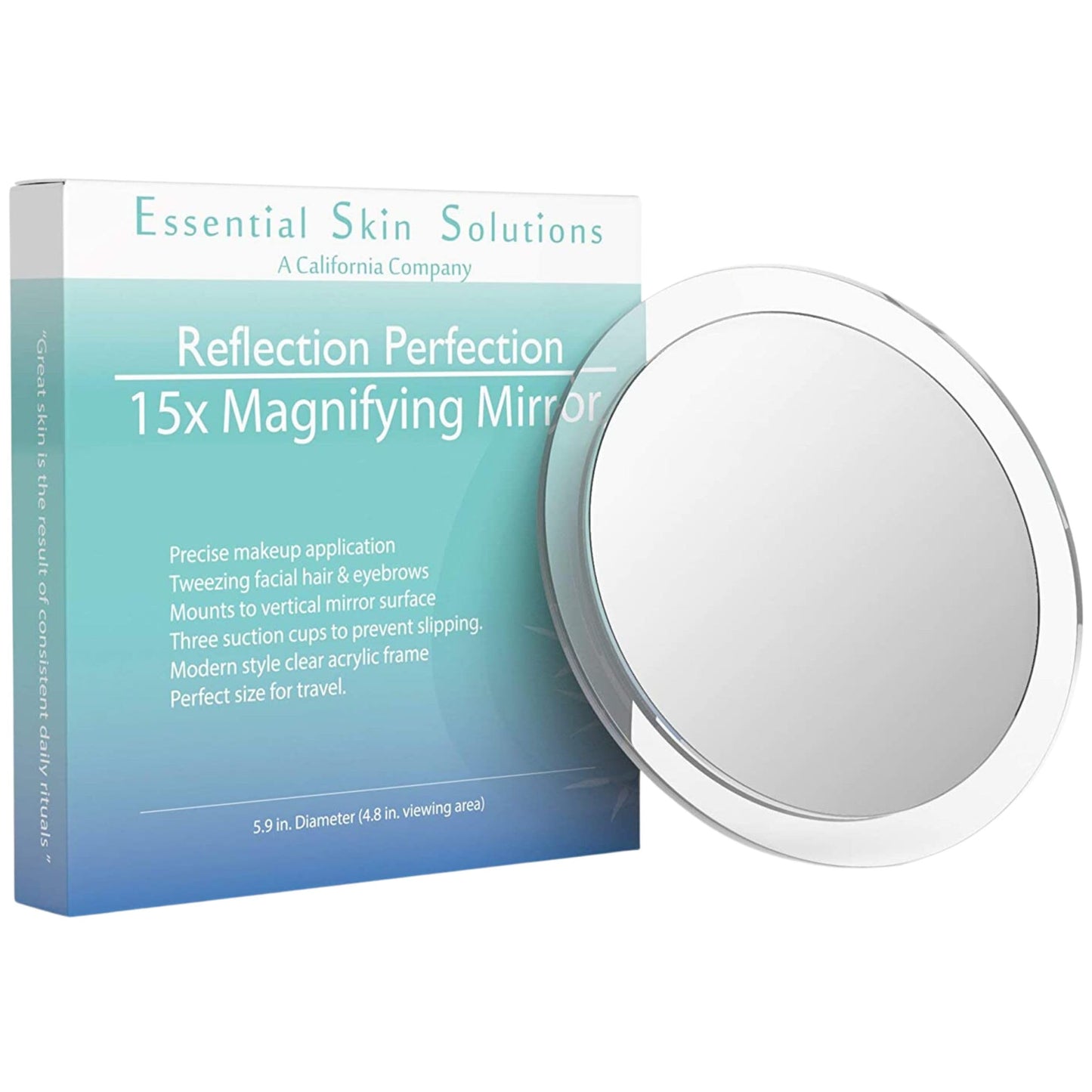 15X Magnifying Mirror - Use for Makeup Application - Tweezing - and Blackhead/Blemish Removal - 6 Inch Round Mirror with Three Suction Cups for Easy Beauty & Personal Care Essential Skin Solutions