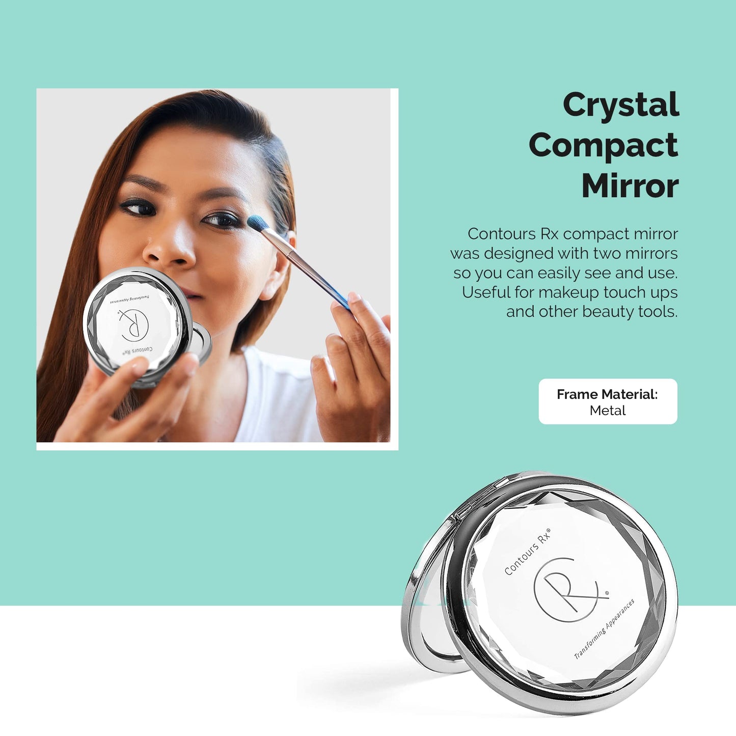 Contours Rx Crystal Compact Makeup Mirror - Dual-Sided 1x & 2X Magnification - Portable, Stylish Metal Frame for Folding Mirror, Beauty Touch-Ups Beauty & Personal Care Contours Rx
