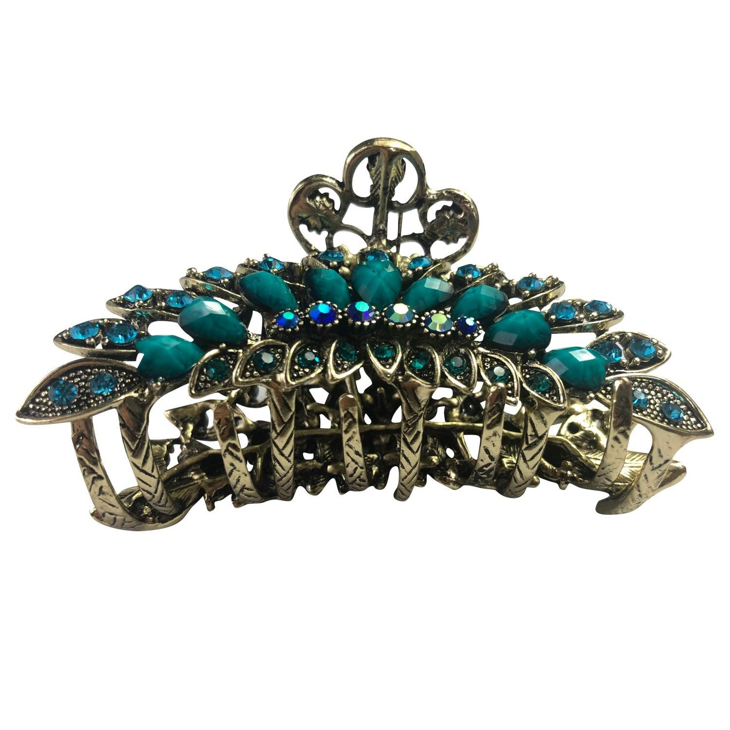 Large Retro Chic Metal Grip Imitation Turquoise Jewel Beads Hair Claw Jaw Comb Pins Flowers Catch Barrette with Teeth Updo Accessories for Thick Hair Beauty & Personal Care DAONACO