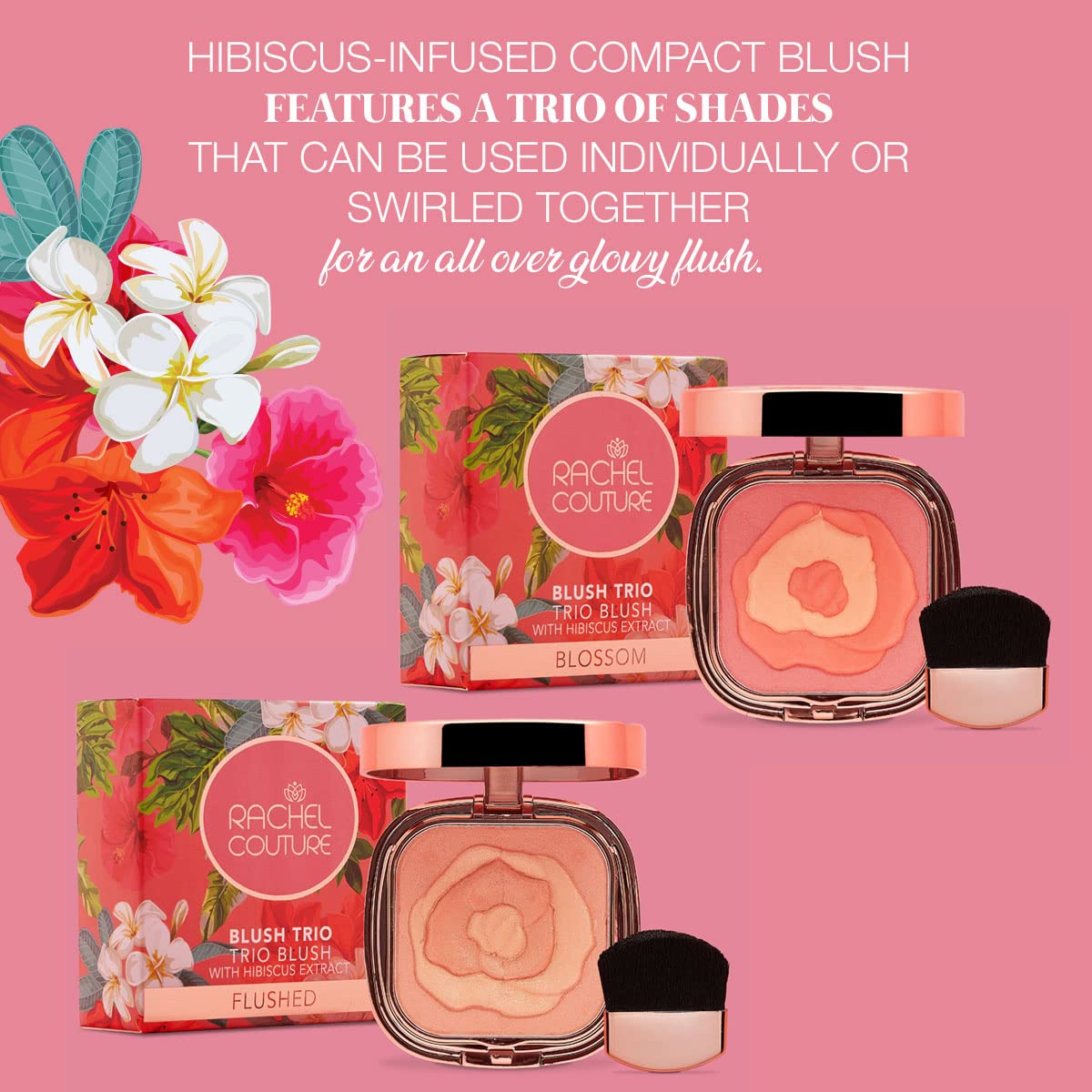 Rachel Couture Compact Blush Trio for All Over Radiant Glow | Infused with Hibiscus Extract | Vegan & Cruelty-Free - 0.32 Oz - Flushed Beauty & Personal Care Rachel Couture