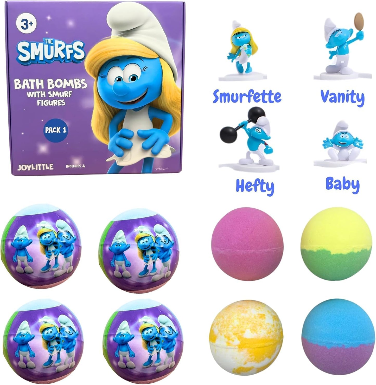 The Smurfs Bath Bombs with Action Figures-Smurfette, Baby Smurf, Hefty Smurf, and Vanity Smurf (Pack 1) Beauty and Personal Care Joylittle