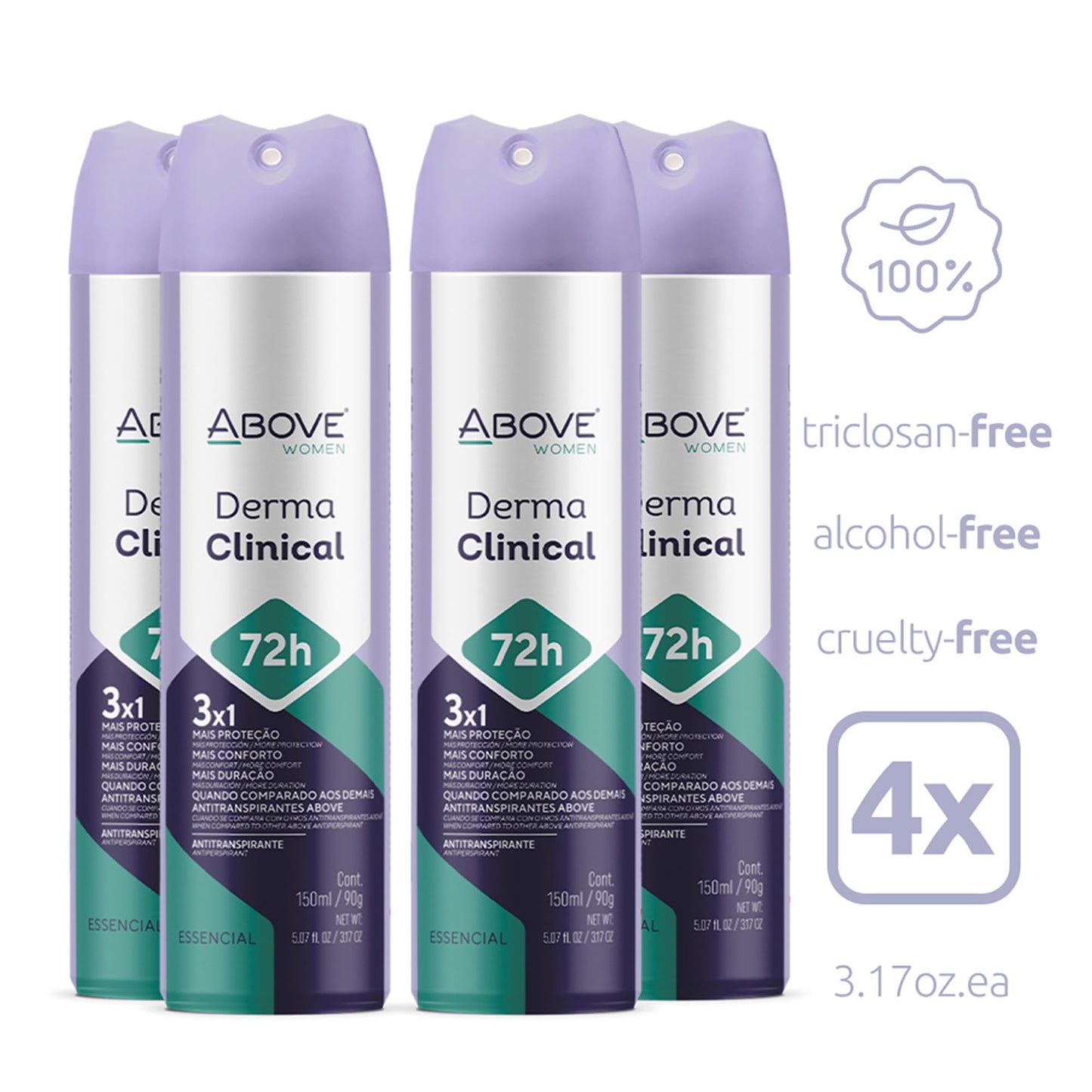 ABOVE 72 Hours Antiperspirant Deodorant, Derma Clinical, 4 Pc - Dry Spray Deodorant for Women - Antiperspirant Spray - No Stain - Cruelty-Free Beauty and Personal Care ABOVE