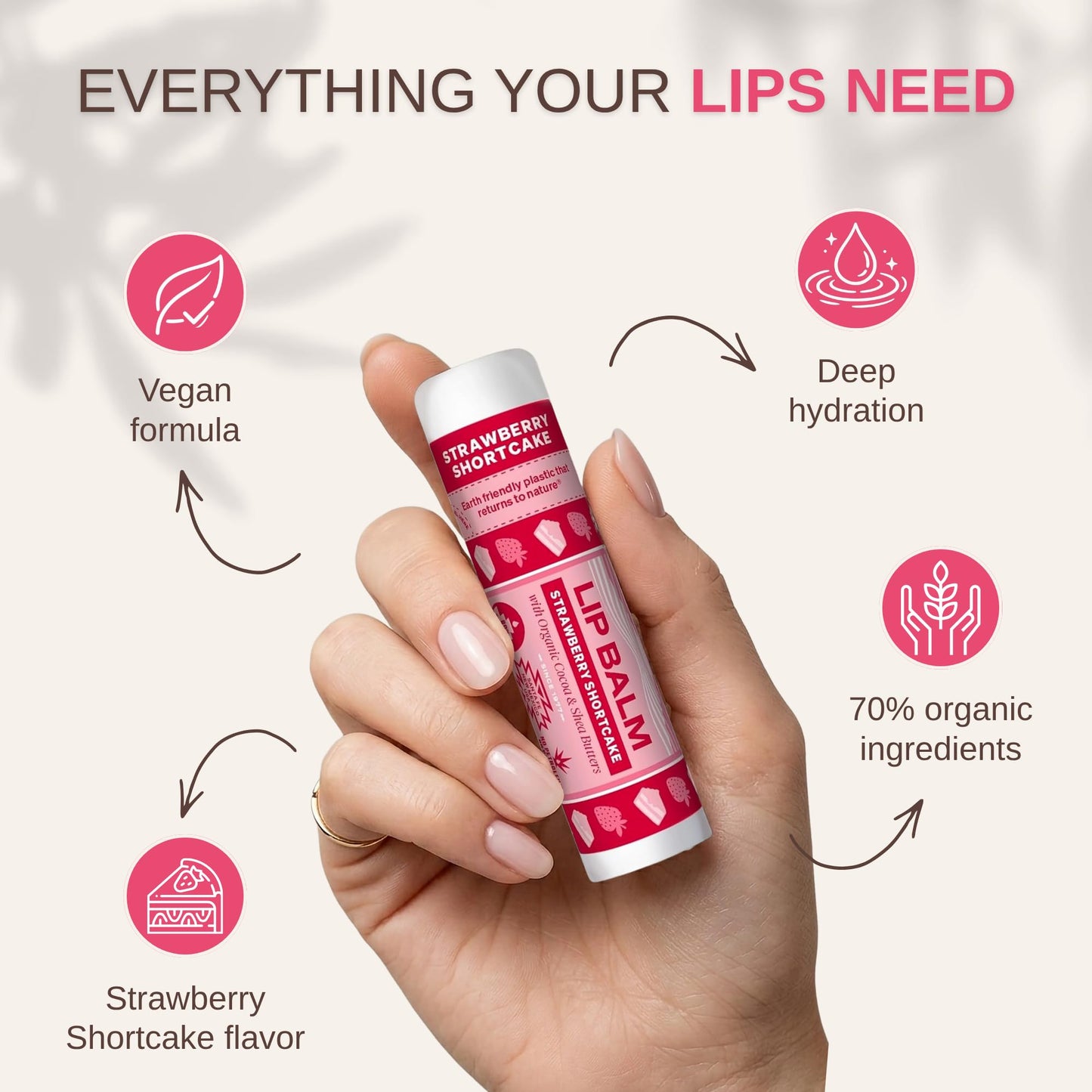 Soothing Touch Strawberry Shortcake Vegan Lip Balm - Moisturizing Natural Lip Care for Dry Lips - Plant Based Hydrating Balm - Flavored Lip Beauty and Personal Care Soothing Touch