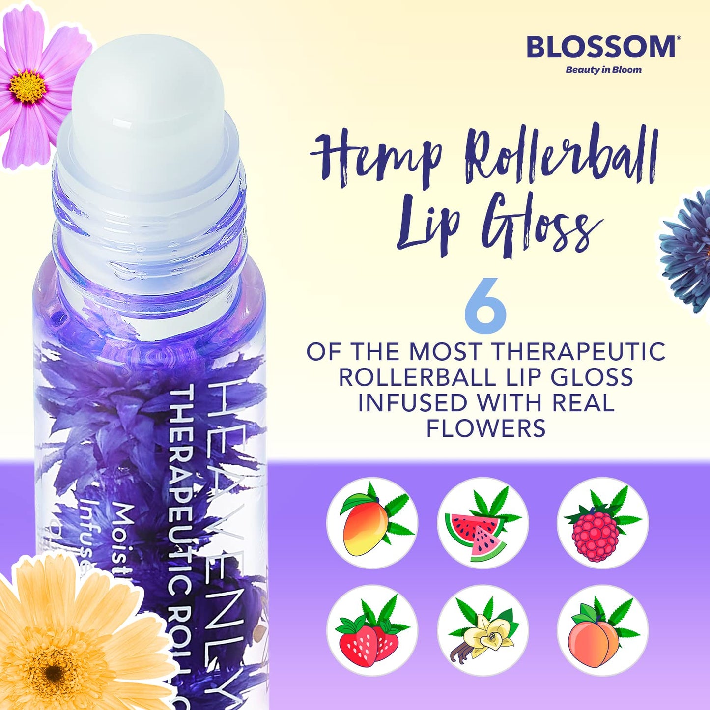 Blossom Roll on Lip Gloss, Scented Clear High Shine Moisturizing Lip Oil, Non Sticky, Infused with Real Flowers, Made in USA, 0.2oz, Raspberry Hemp Beauty & Personal Care Blossom