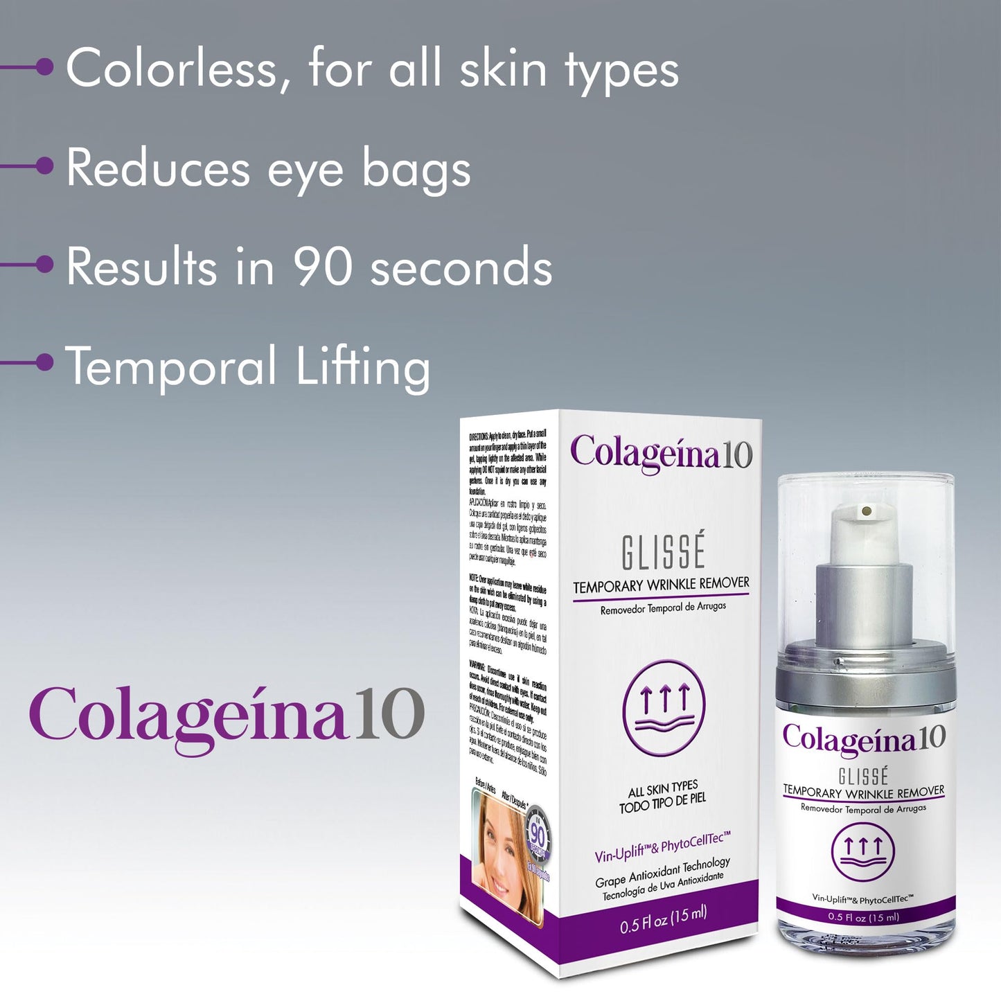 Colageina 10 Glissé Temporary Wrinkle Remover - Powered by Vin-Uplift & PhytoCellTec - Reduce Fine Lines and Wrinkles in 90 seconds for up to 8 Hours Beauty & Personal Care Colageina 10