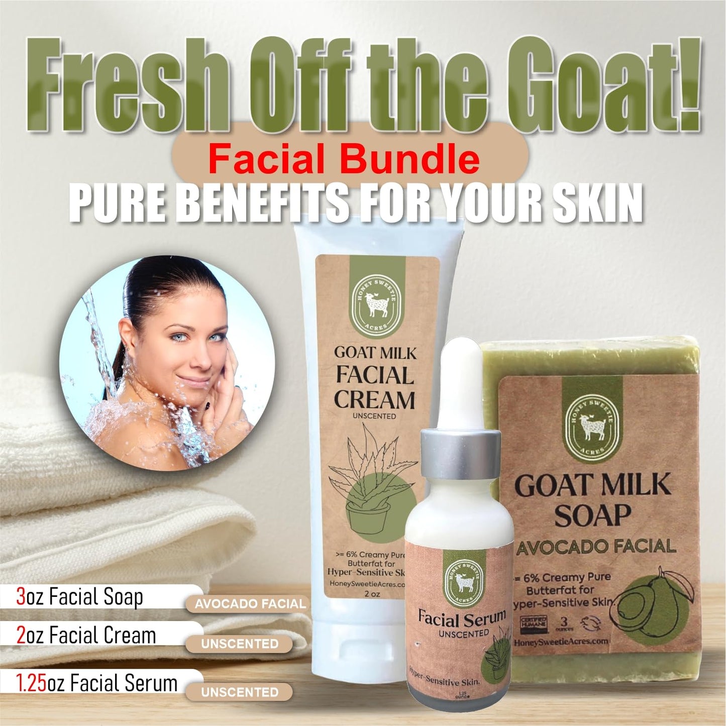 Honey Sweetie Acres All-Natural Skincare Bundle - Avocado Cleansing Bar, Vitamin B Serum & Goat Milk Cream - Hypoallergenic, Fragrance-Free Beauty & Personal Care Honey Sweetie Acres