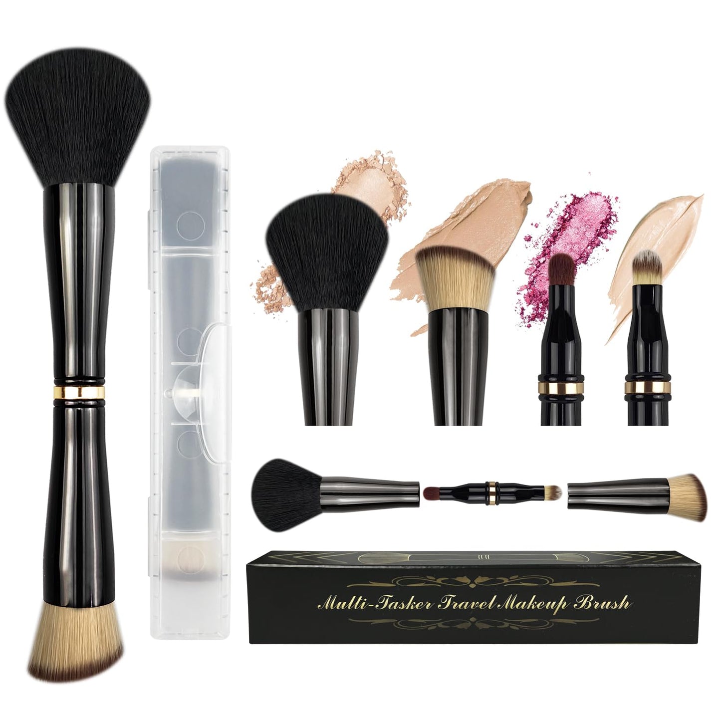 Voxora 4 in 1 Makeup Brush Set - All in One Powder/Blush, Foundation, Blending & Eyeshadow Brushes, Compact & Travel Essential Beauty & Personal Care Voxora