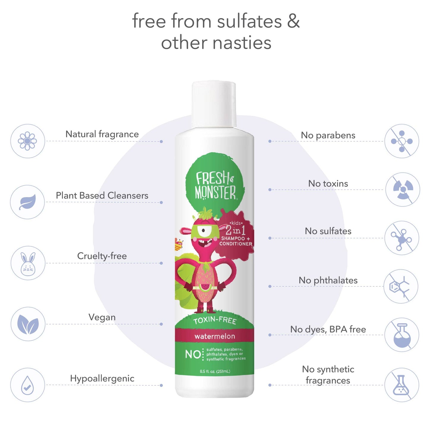 Fresh Monster 2-in-1 Kids Shampoo & Conditioner, Toxin-Free, Hypoallergenic, Tear-free Shampoo & Conditioner for Kids, Watermelon (2 Pack, 8.5oz/each) Beauty & Personal Care Fresh Monster