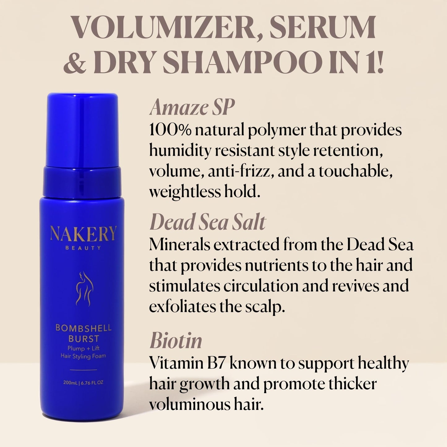 Nakery Bombshell Burst Hair Foam, Volumizing Mousse for Styling Curly and Straight Hair, Lightweight Foam with Biotin, Keratin, Panthenol, Texture Beauty & Personal Care Nakery