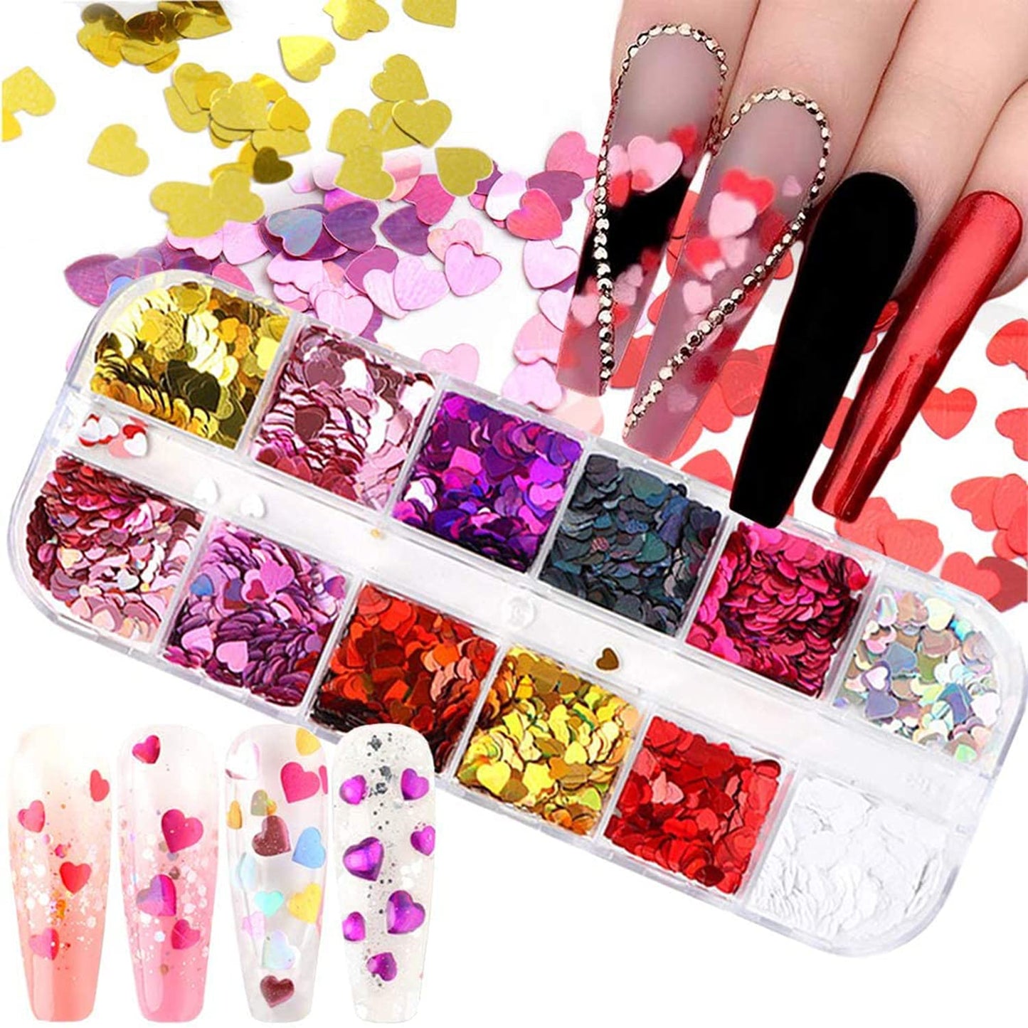 12 Colors Heart Holographic Nail Glitter Sequin Accessories Colorful 3D Heart Nail Flakes Powder UV Gel Polish Acrylic Design for Women Girls Manicure Beauty & Personal Care TBRZTR