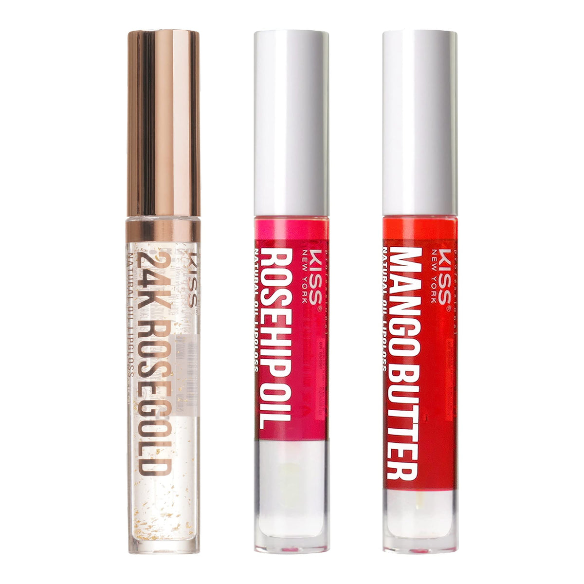 Kiss New York 3 PACK Lip Oil Gloss, Hydrating Non-Sticky Lip Oil, 100% Natural Oil Clear Lip Gloss, Lightweight Lip Moisturizer (Rosegold & Rosehip Beauty & Personal Care KISS NEW YORK