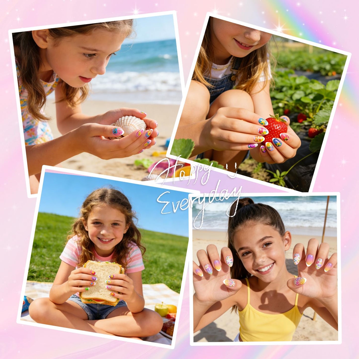 krofaue 240Pcs Kids Press on Nails with Handle - Short Fake Nails for Girls 12 Sizes Soft Gel Nail Tips for Safe & Fun DIY Nail Tips Art for Children Beauty and Personal Care krofaue