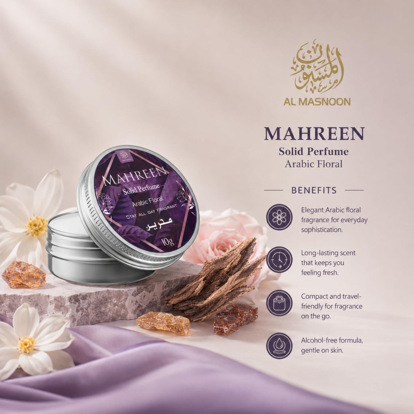 AL MASNOON Mahreen Solid Perfume 10g - Arabic Floral Fragrance, Long-Lasting Deodorant for All-Day Freshness, Perfect Beauty and Personal Care al masnoon
