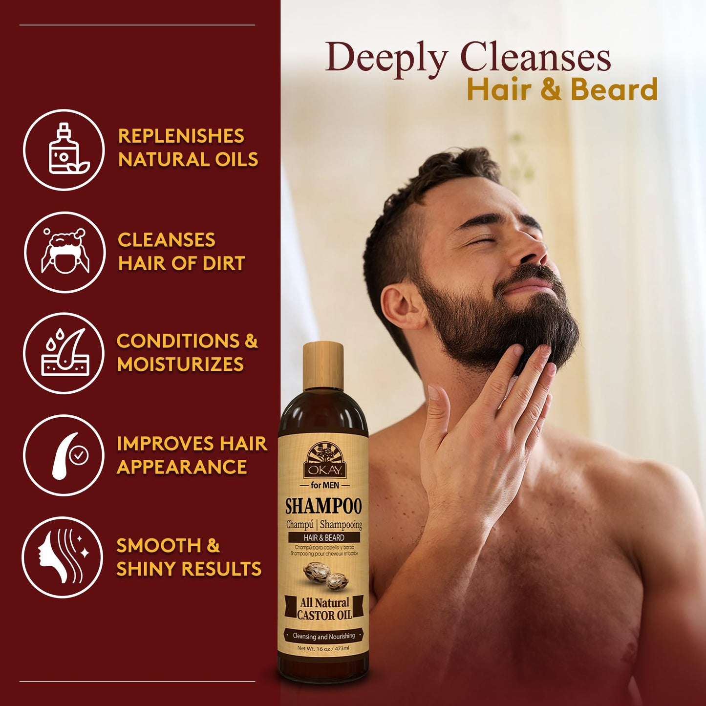 OKAY for MEN Castor Oil Hair & Beard Shampoo - Hydrating Shampoo for Healthy Hair & Beard Growth, Moisturizing Care, Strengthen & Restore Damage Beauty & Personal Care OKAY