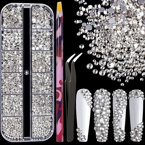 6 Sizes Transparent White Silver Glass Crystal Kit with Pickup Pen + Tweezer Tools for Shine Nail Art Manicure Makeup DIY Decoration Flatback Round Beauty & Personal Care BELLEBOOST