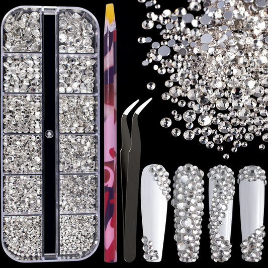6 Sizes Transparent White Silver Glass Crystal Kit with Pickup Pen + Tweezer Tools for Shine Nail Art Manicure Makeup DIY Decoration Flatback Round Beauty & Personal Care BELLEBOOST