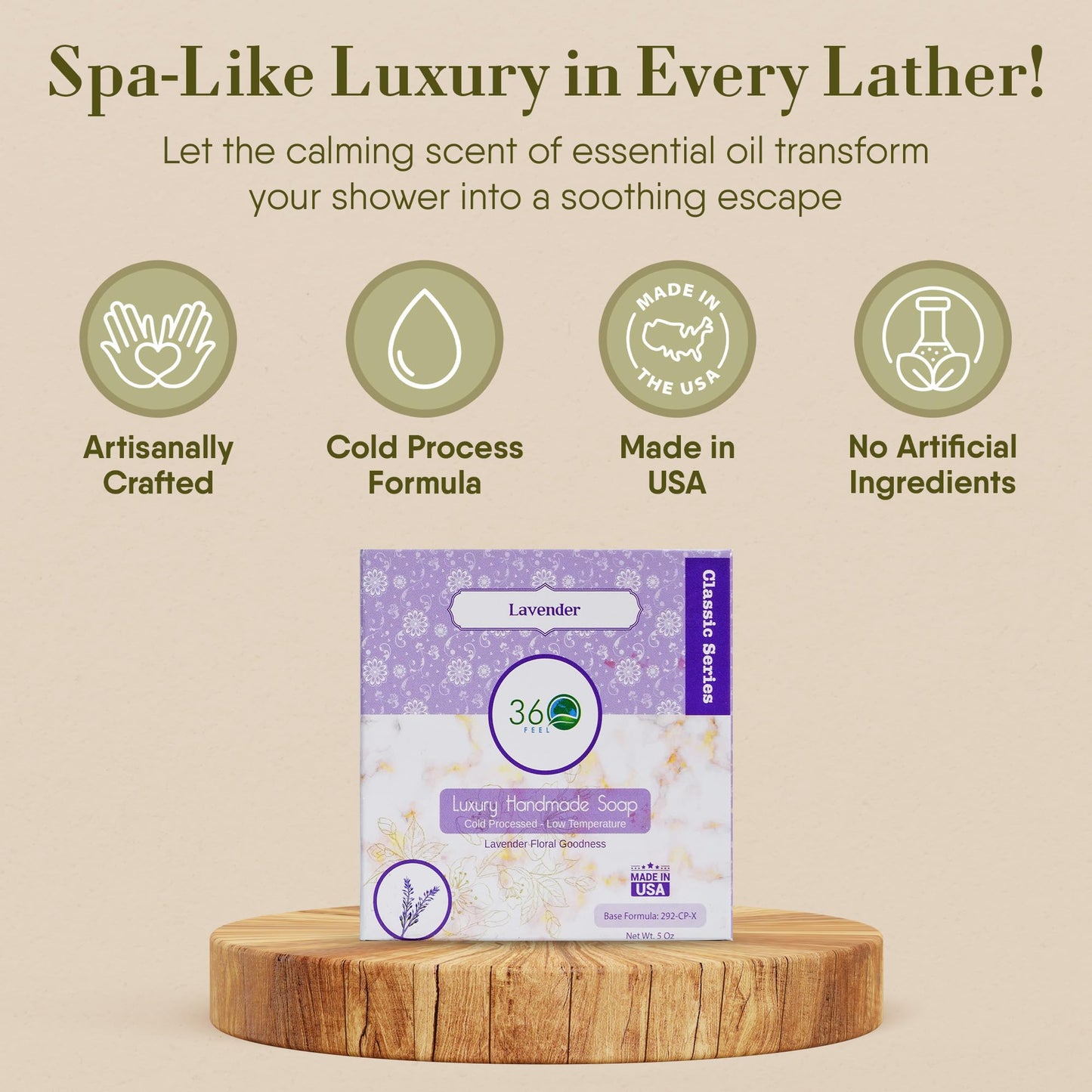 360Feel Lavender Soap - Made in The USA - Castile Handmade, All Natural, Cold Processed Infused with Refreshing Lavender Essential Oil for Relaxation Beauty & Personal Care 360Feel