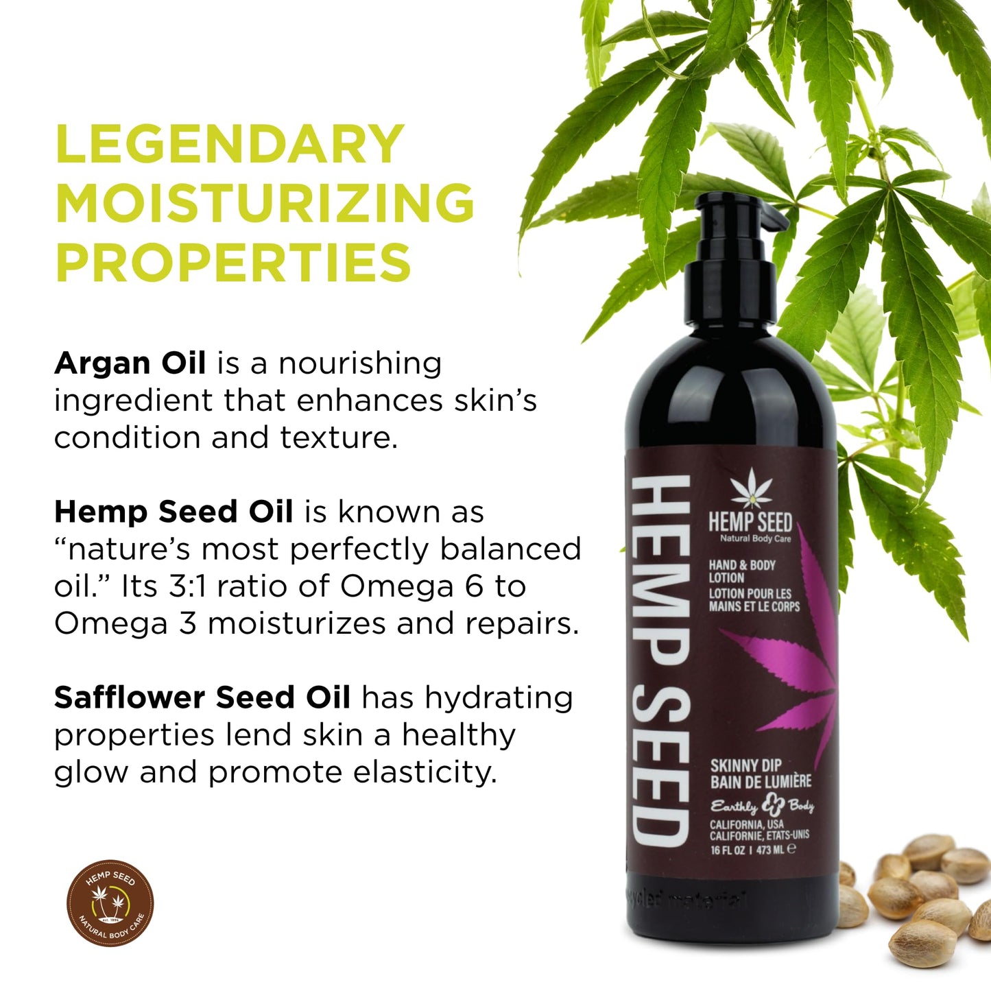 Hemp Seed Hand & Body Lotion, Skinny Dip Scent - 16 oz. - Soothe Dry Skin - Argan Oil, Hemp Seed Oil - Light, Non-Greasy Formula - Vegan & Cruelty Beauty & Personal Care Earthly Body