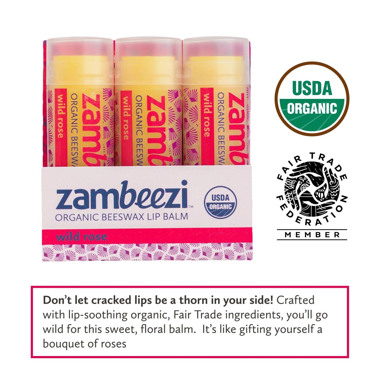 ZAMBEEZI Organic, Fair Trade Beeswax Lip Balm - Wild Rose 3 Pack - Ethically Sourced Beauty and Personal Care Zambeezi